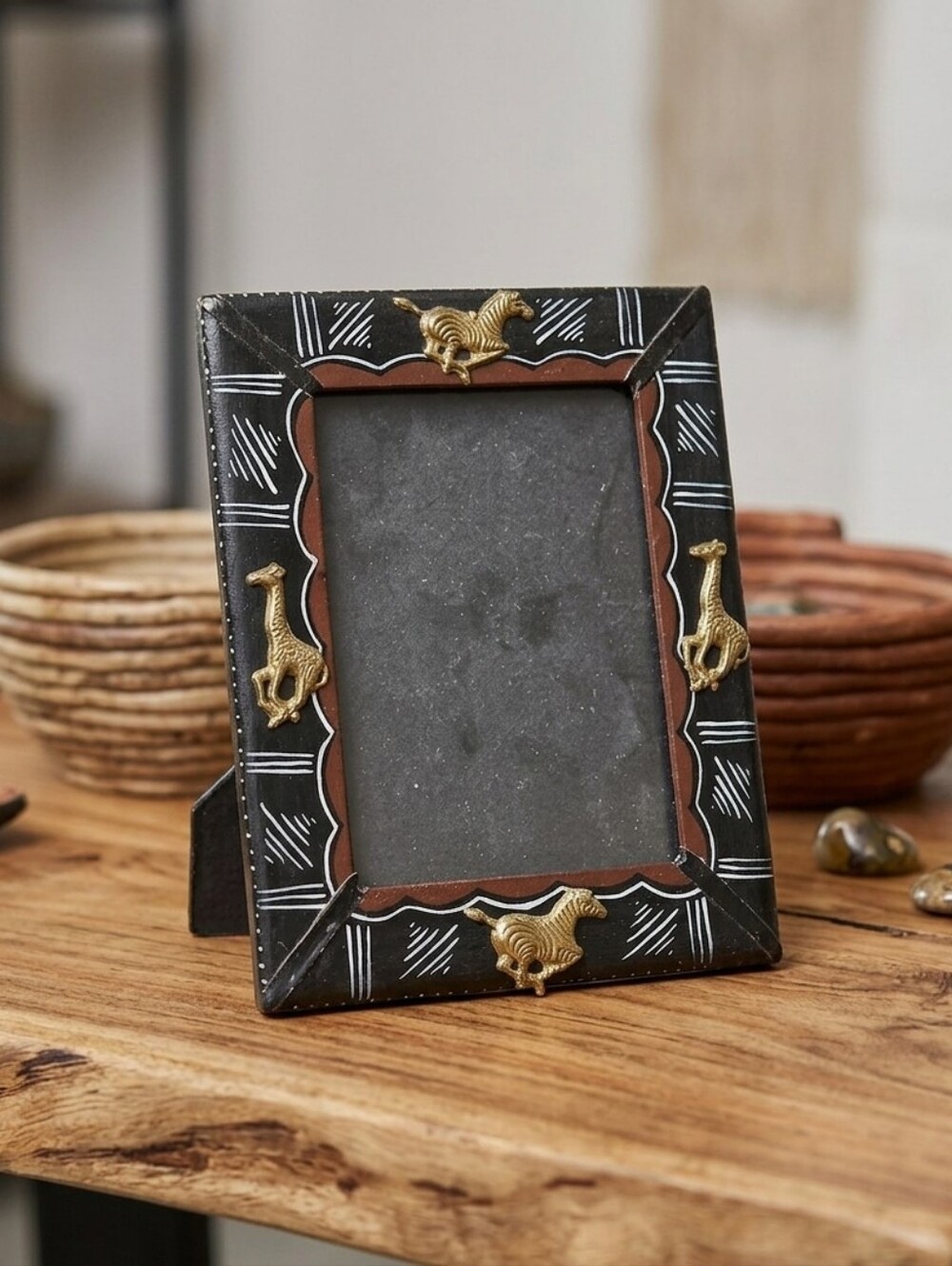 African Handmade Photo Frame Wood Leather With Brass Animals 4 X 5